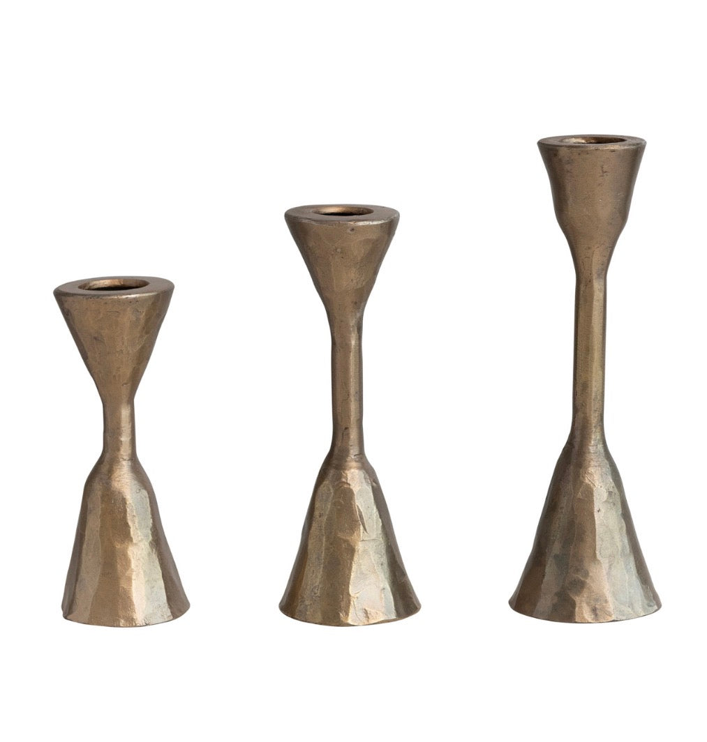 Hand-Forged Iron Taper Holders, Antique Brass Finish — Set of 3