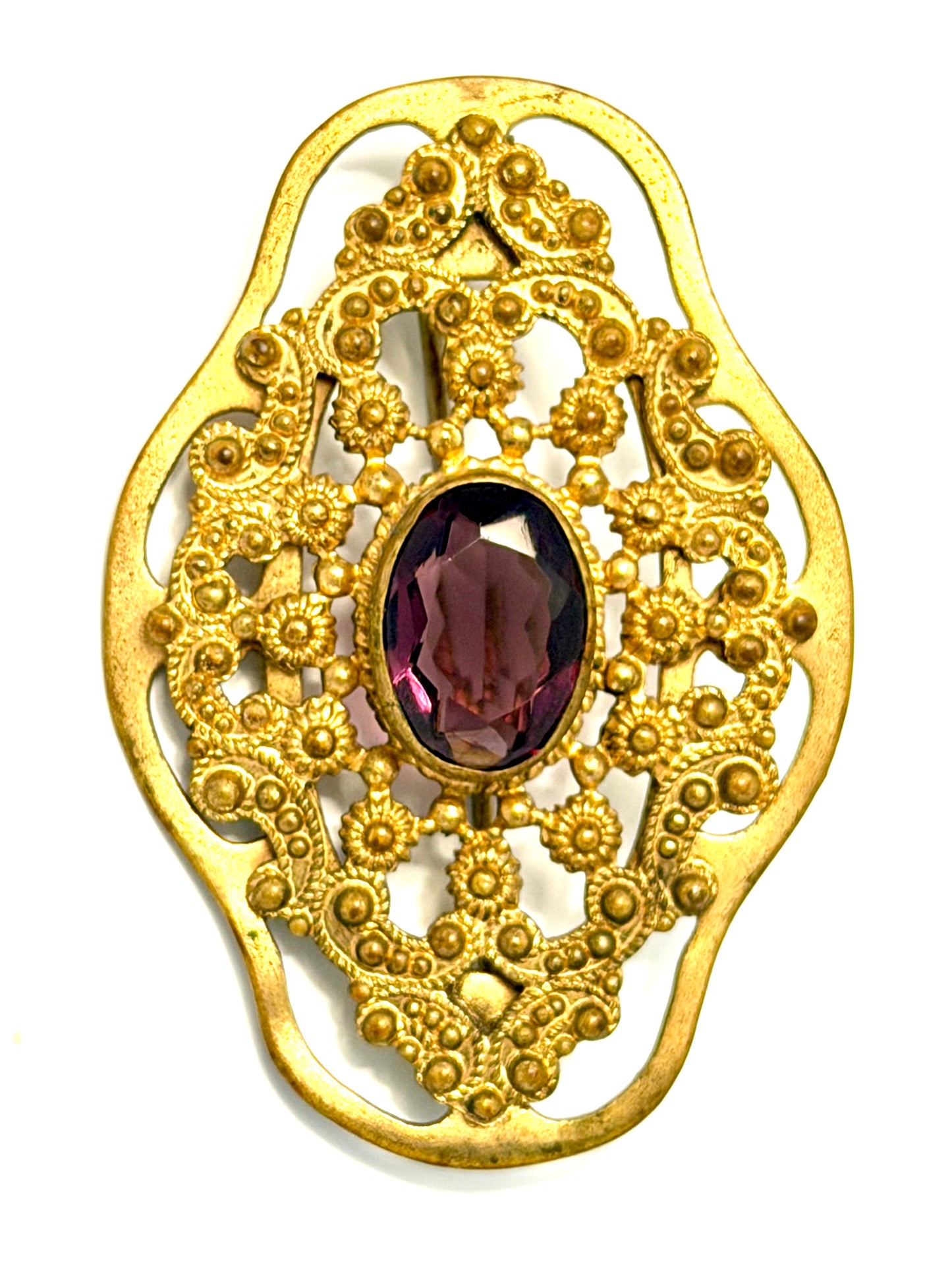 Vintage Victorian Revival Amethyst Glass Filigree Brooch - Gold Tone