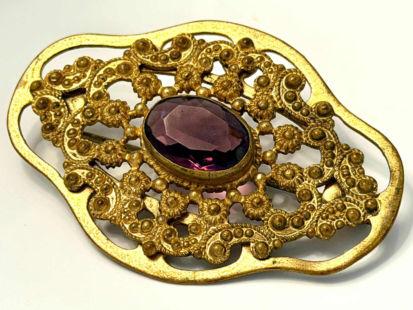 Vintage Victorian Revival Amethyst Glass Filigree Brooch - Gold Tone