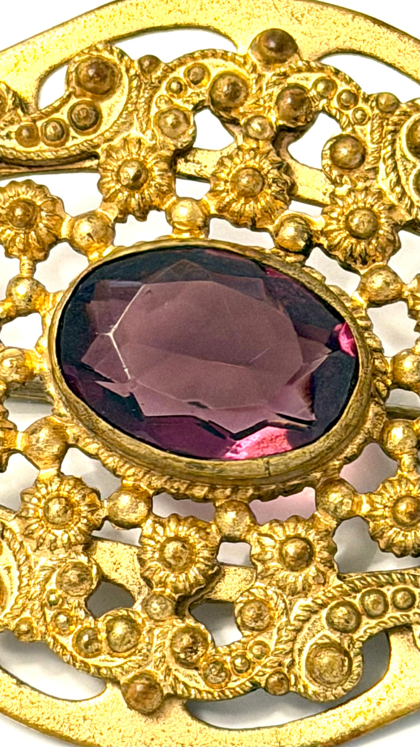 Vintage Victorian Revival Amethyst Glass Filigree Brooch - Gold Tone