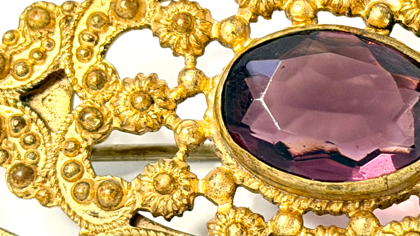 Vintage Victorian Revival Amethyst Glass Filigree Brooch - Gold Tone