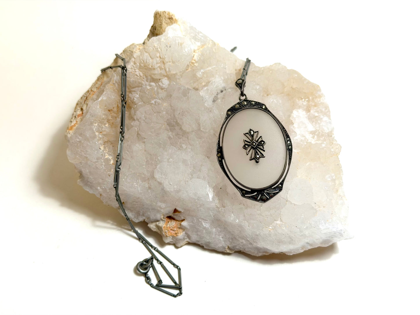 Heirloom Art Deco German Sterling & Camphor Glass Pendant