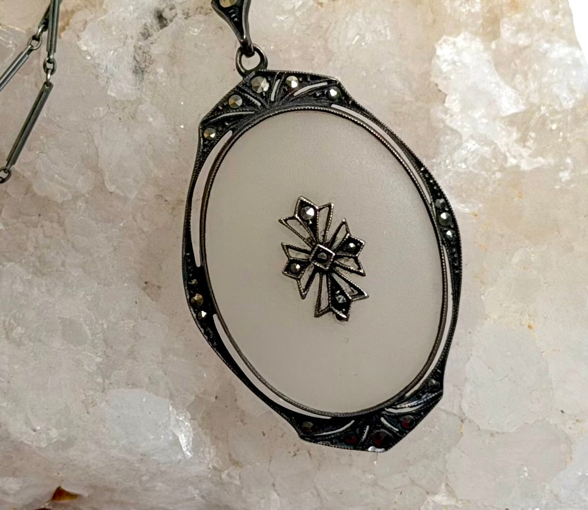 Heirloom Art Deco German Sterling & Camphor Glass Pendant