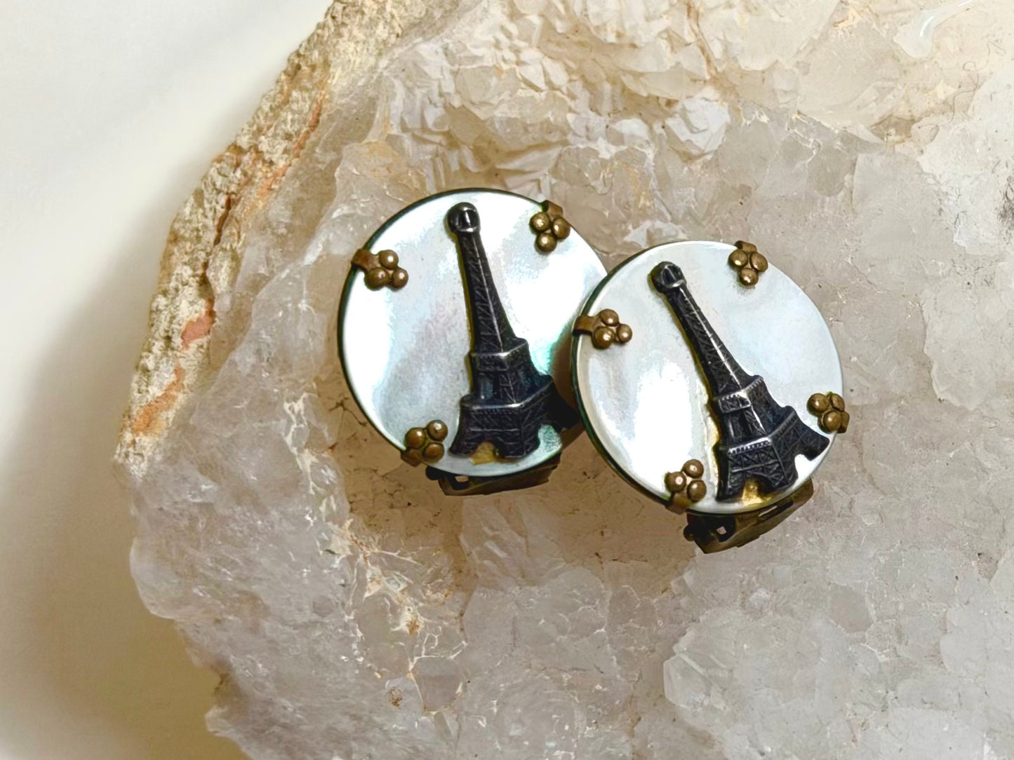 Vintage Parisian Mother-of-Pearl & Brass Eiffel Tower Clip-On Earrings