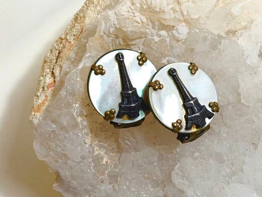 Vintage Parisian Mother-of-Pearl & Brass Eiffel Tower Clip-On Earrings