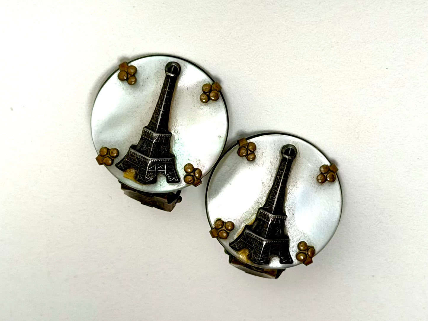 Vintage Parisian Mother-of-Pearl & Brass Eiffel Tower Clip-On Earrings