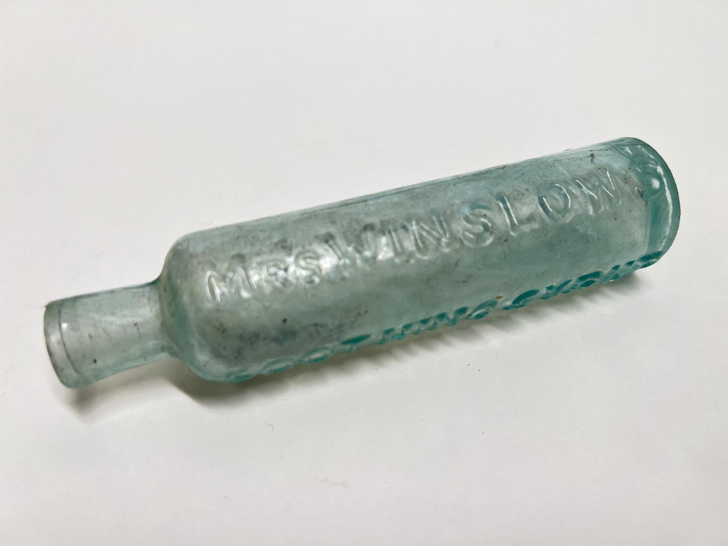 Antique Mrs. Winslow's Soothing Syrup Bottle: Aqua Glass Quack Medicine Collectible