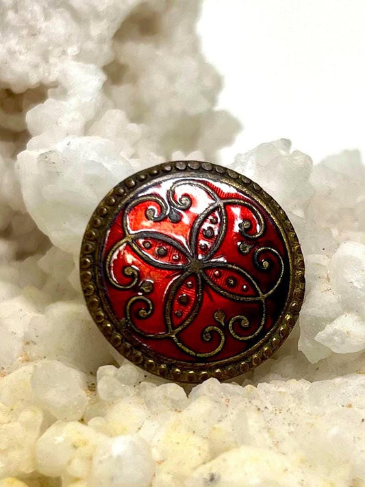 Vintage Brass & Red Enamel Brooch | Mid-Century Accent Pin | 1" Round
